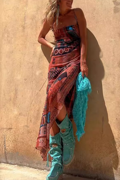 Riemen, Originele Print & Midi Netjurk met Zijsplit