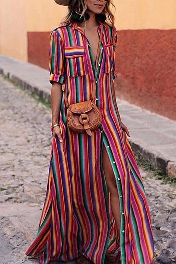 Lange Boho Stijl Jurk met Multicolor Strepen