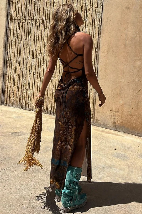 Midi-jurk met unieke print, losse halslijn & striksluiting op de rug