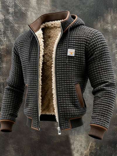 Chaqueta outdoor para hombre con estructura retro y estampado de cuadros cuadrados, cuello doble, cálida y con varios bolsillos.