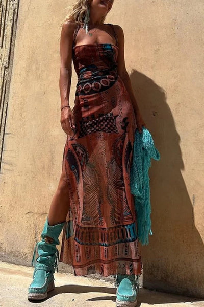 Midi-jurk met unieke print, losse halslijn & striksluiting op de rug