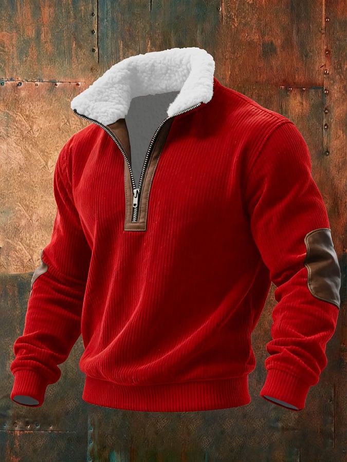 Sudadera de punto para hombre con cremallera y cuello de piel.