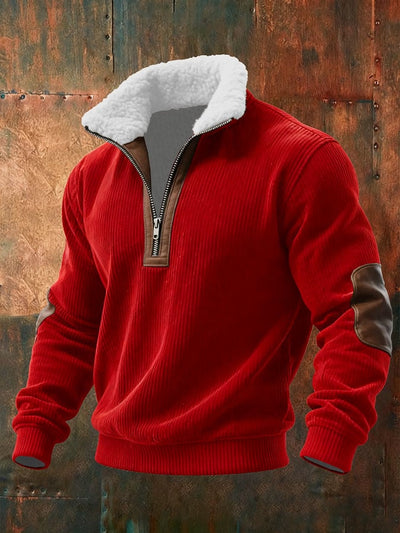 Sudadera de punto para hombre con cremallera y cuello de piel.