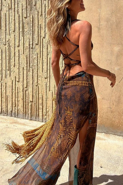 Midi-jurk met unieke print, losse halslijn & striksluiting op de rug