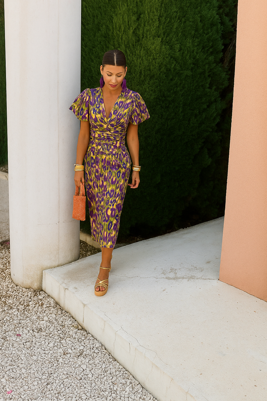 Kleurrijke Midi Jurk met Geplooide Mouwen