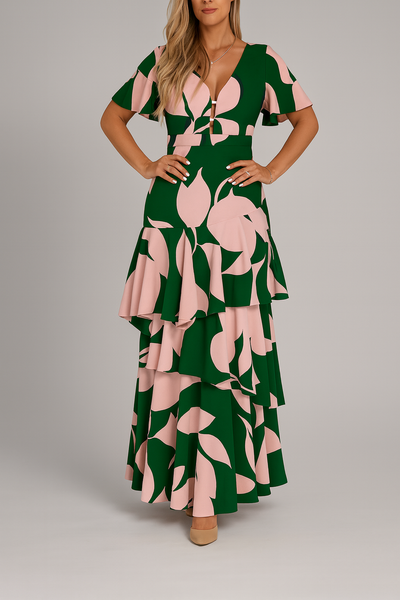 Casual jurk met V-hals, knopen en elegante gelaagde rok