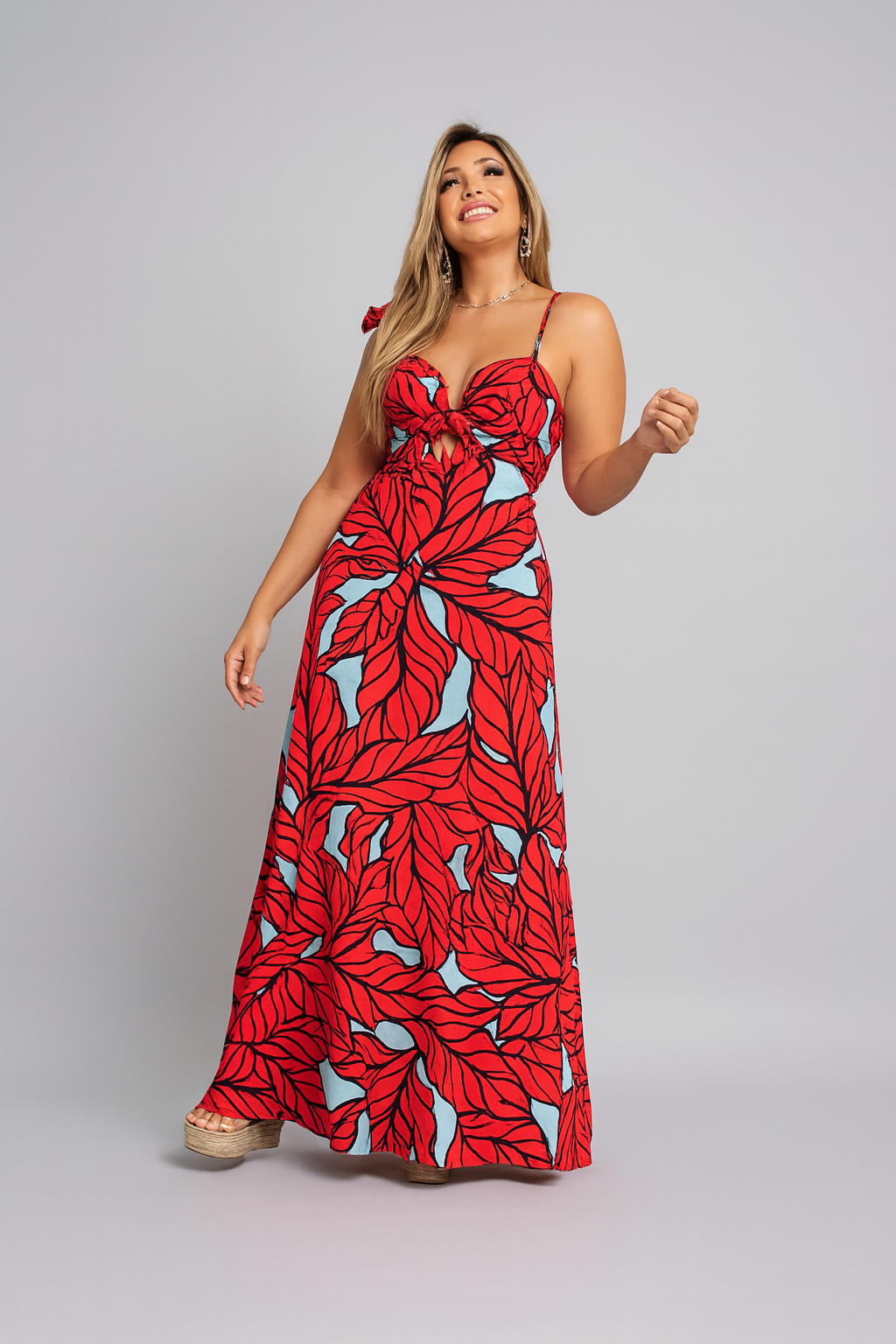 Strapless maxi-jurk met bloemenprint en V-hals