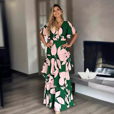 Casual jurk met V-hals, knopen en elegante gelaagde rok