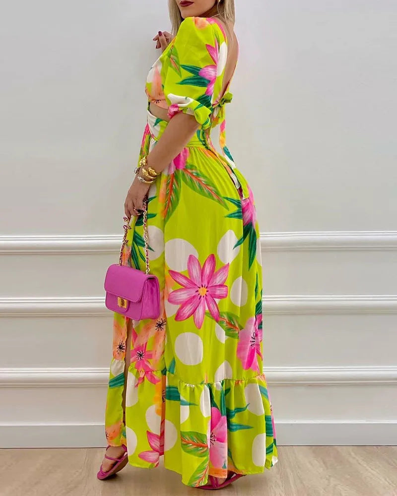 Elegante Tie-Dye Maxi Jurk met Cut-out & Lantaarnmouwen