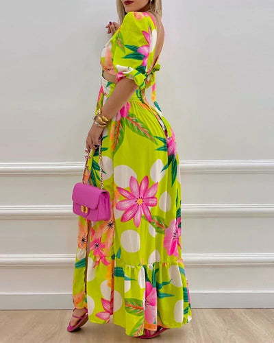 Elegante Tie-Dye Maxi Jurk met Cut-out & Lantaarnmouwen