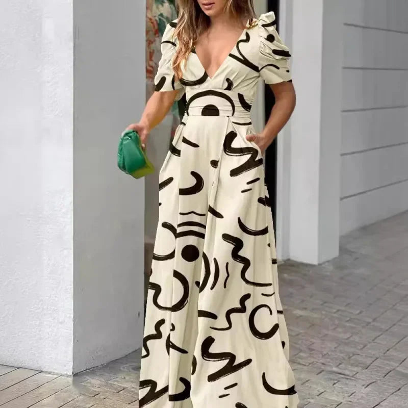 Elegante V-hals Jumpsuit met Wijde Pijpen voor Moeiteloze Chic