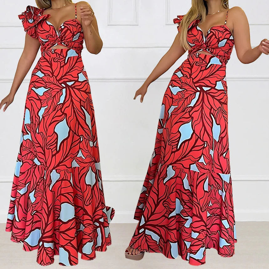 Strapless maxi-jurk met bloemenprint en V-hals