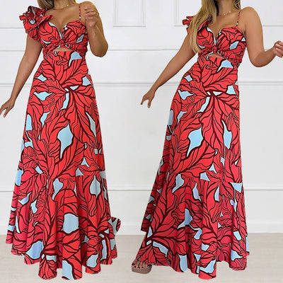 Strapless maxi-jurk met bloemenprint en V-hals