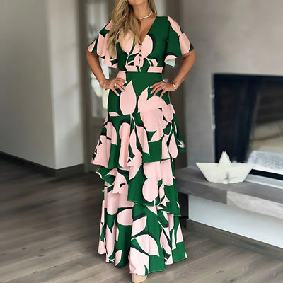 Casual jurk met V-hals, knopen en elegante gelaagde rok