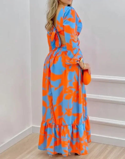 Elegante Tie-Dye Maxi Jurk met Cut-out & Lantaarnmouwen