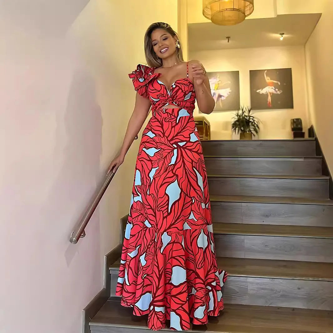 Strapless maxi-jurk met bloemenprint en V-hals