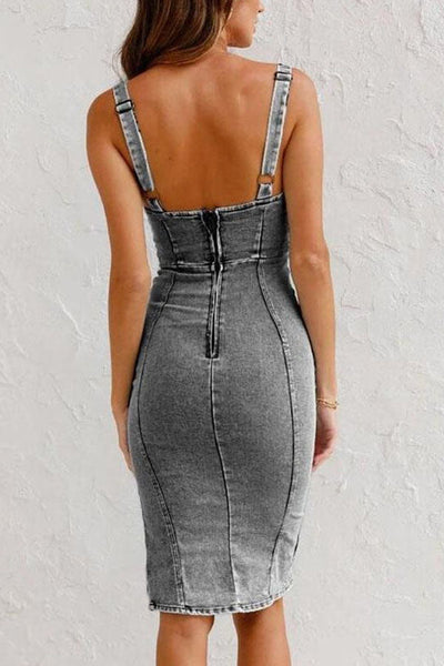 Denim Midi Jurk met Rits & Voorsplit