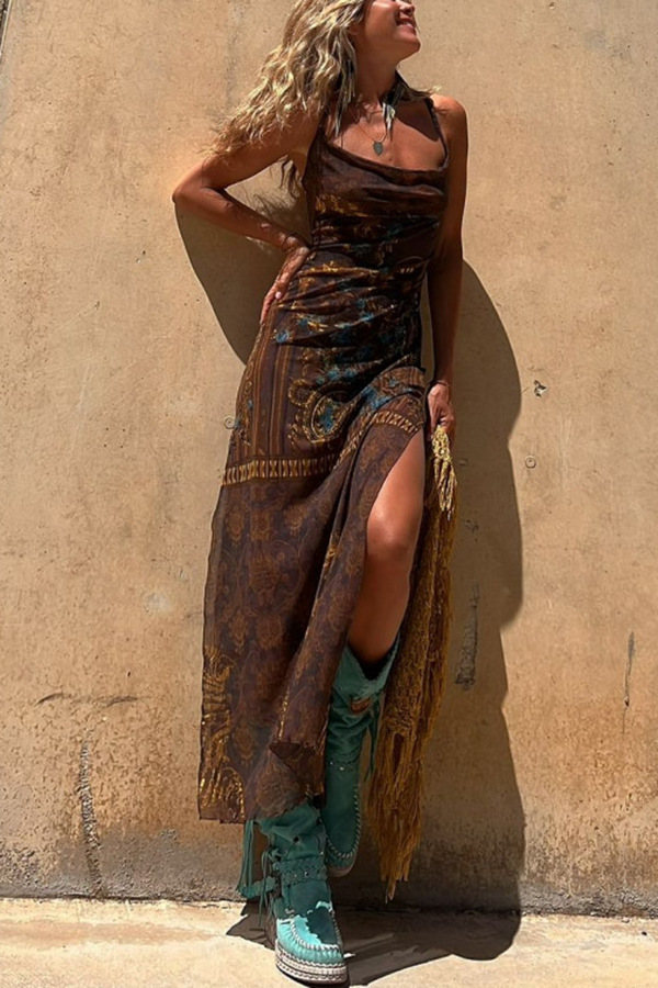 Riemen, Originele Print & Midi Netjurk met Zijsplit