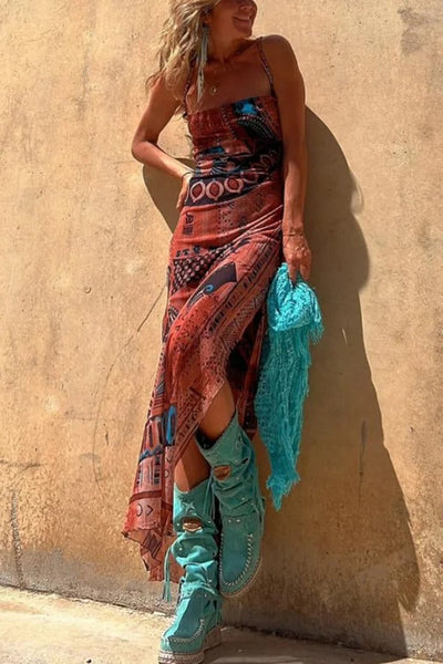 Midi-jurk met unieke print, losse halslijn & striksluiting op de rug