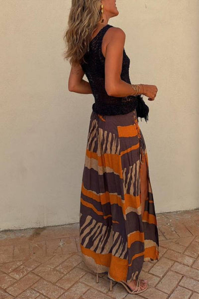 Lange rok met blokkleurenprint & strikdetails aan de zijkant