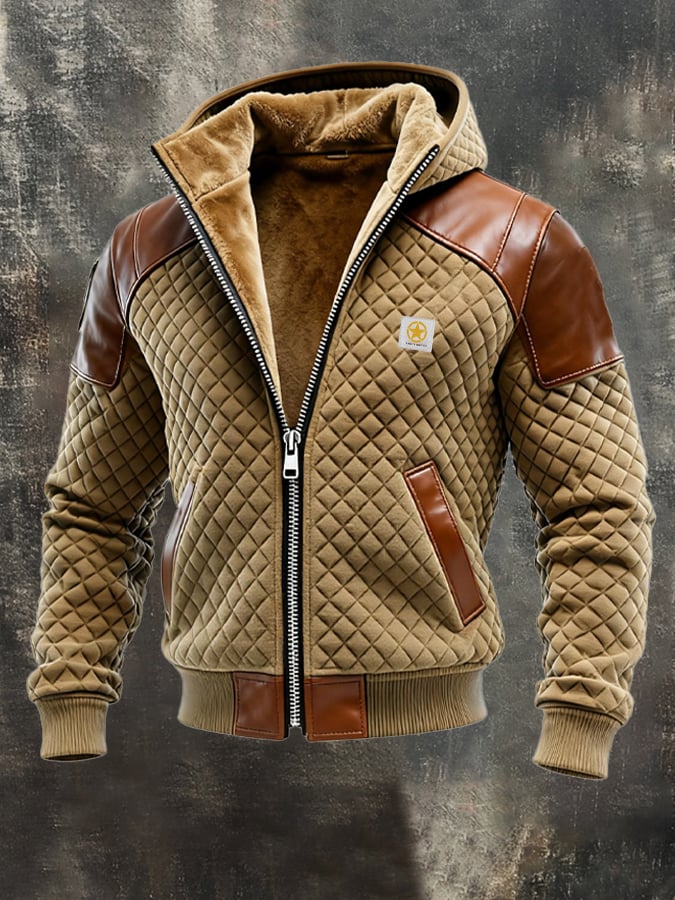 Chaqueta outdoor para hombre de piel con estampado de rombos vintage