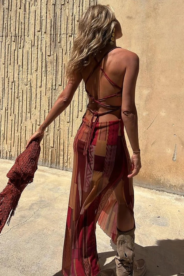 Midi-jurk met unieke print, losse halslijn & striksluiting op de rug