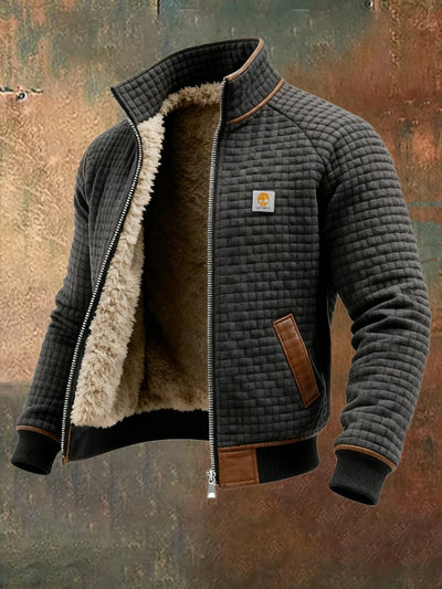 Chaqueta outdoor para hombre con estructura retro y estampado de cuadros cuadrados, cálida y con varios bolsillos.