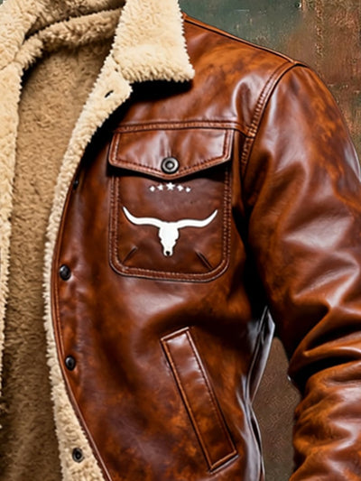 Chaqueta cálida de piel vintage con parches para hombre