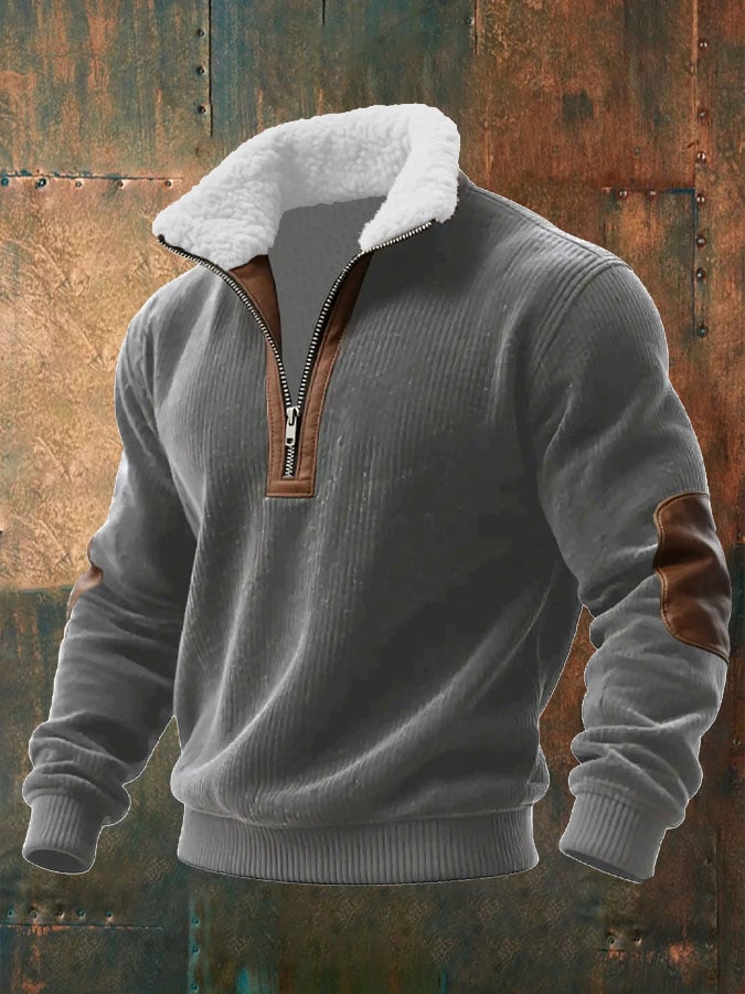 Sudadera de punto para hombre con cremallera y cuello de piel.