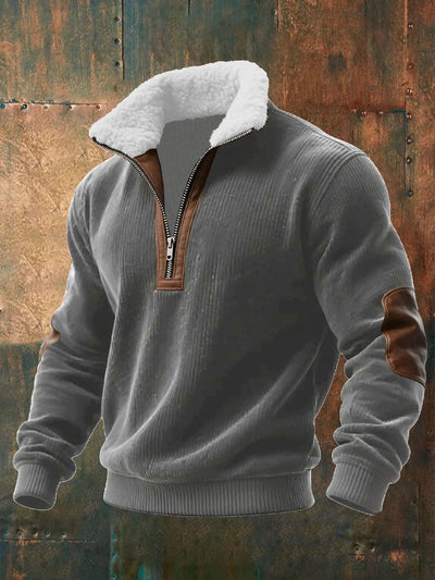 Sudadera de punto para hombre con cremallera y cuello de piel.